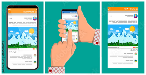 Man hand holding smartphone with social network application. Male person browsing new posts and content. Social media platform concept.