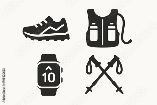 Hiking and Outdoor Adventure Icons – Backpack, Shoes, Watch, Trekking Poles