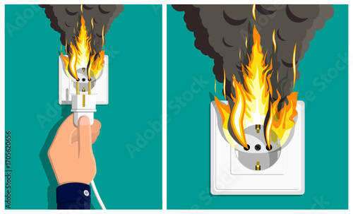 Woman hand plugging in an electrical plug into a wall socket that is sparking and on fire. Electrical shorting hazard concept.