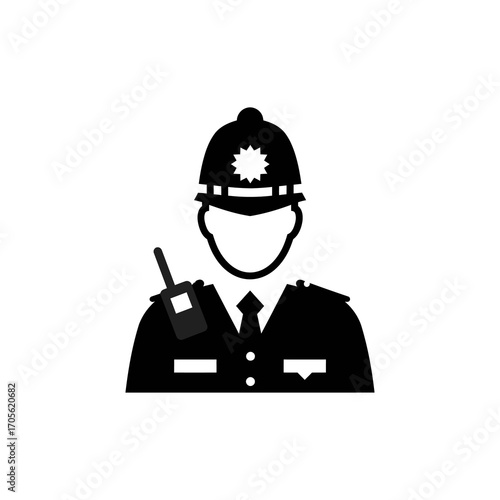 British police officer with a radio on patrol representing law enforcement safety and community service in a neighborhood iconic symbol of order.
