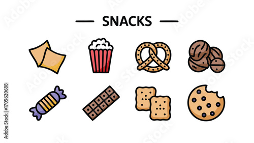 A Delicious Assortment of Popular Savory and Sweet Snack Food Icons Representing Various Treats