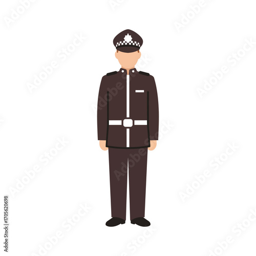 British police officer standing at attention in formal uniform with custodian helmet for law and order themes or government campaigns.