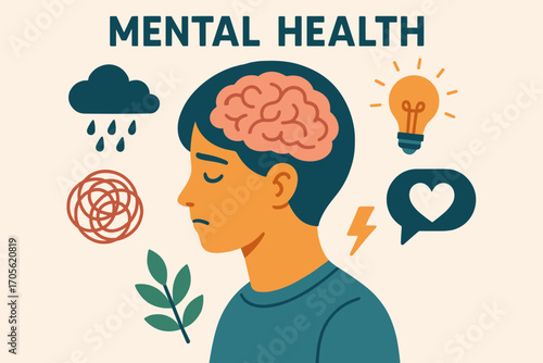 Mental Health Awareness Illustration – Depression, Anxiety, Stress and Emotional Wellbeing Concept