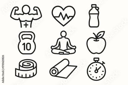 Fitness and Wellness Icons Set – Healthy Lifestyle, Gym, Yoga, Nutrition Symbols