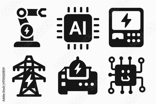 Artificial Intelligence and Energy Technology Icons – Robotics, Power, and Microchips Set