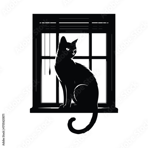 Elegant Black Cat Perched on Window Sill Gazing at Cityscape Vector Illustration