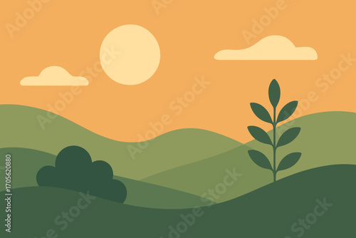 Minimalist Nature Landscape – Green Hills and Sun Illustration