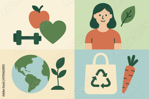 Healthy and Sustainable Lifestyle – Eco Living, Fitness, and Organic Food Illustration