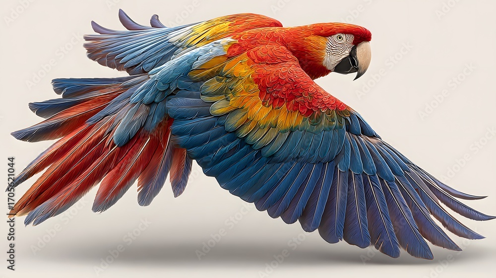 Obraz premium Stunning high-speed photograph of a scarlet macaw in full flight, its vibrant red, blue, and yellow wings spread wide against a white background.