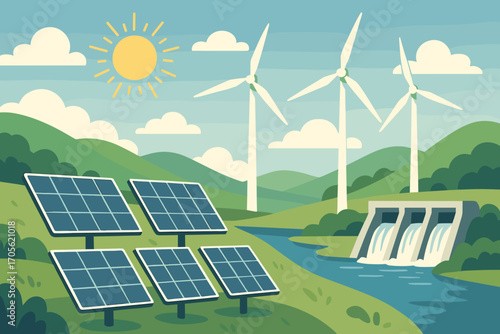 Renewable Energy Illustration – Solar Panels, Wind Turbines, and Hydropower Plant in Green Landscape