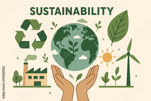 Sustainability Concept Illustration – Eco Friendly Energy, Recycling, and Green Earth Protection