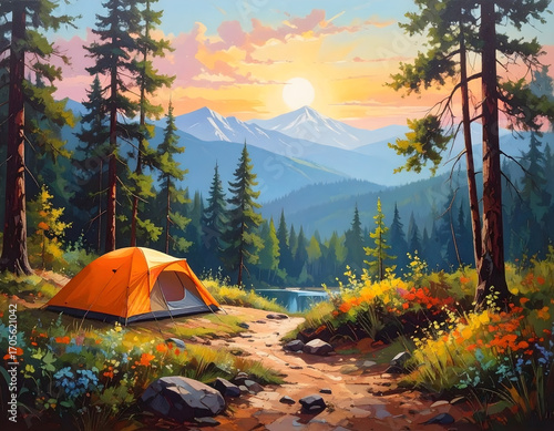 Serene mountain camping scene at dusk, with a tent and backpack on a grassy clearing, overlooking a peaceful valley with distant mountains under an orange sunset