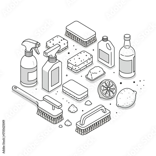 cleaning supplies arrangement of cleaning supplies including brushes lemons and cleaning agents perfect for illustrating home care and hygiene.