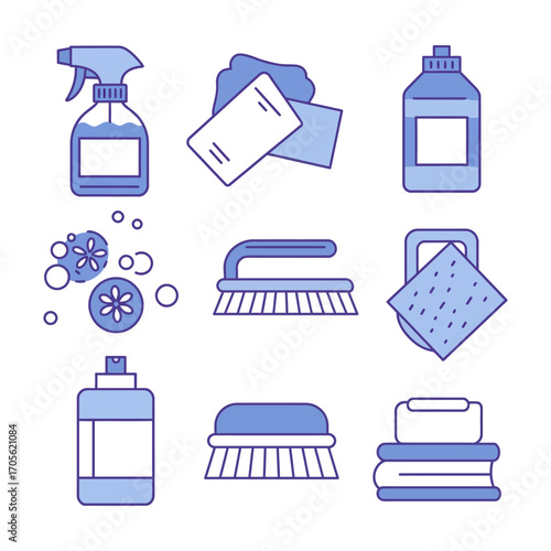 cleaning supplies icons spray bottle brushes sponges and soaps for hygiene and household chores perfect for illustrating cleanliness and tidiness.