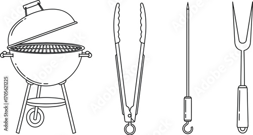 Hand drawn sketch of barbecue grill and grilling tools, including tongs, skewer, and fork for outdoor cooking