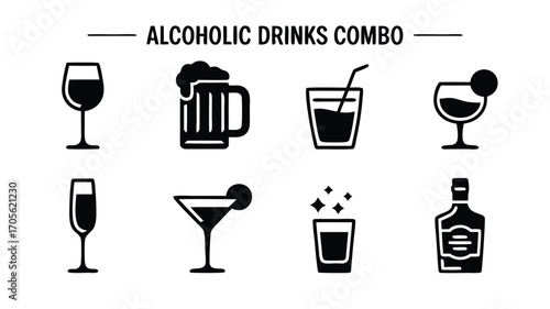 Collection of Alcoholic Drinks and Beverages Icons Representing Variety of Refreshments