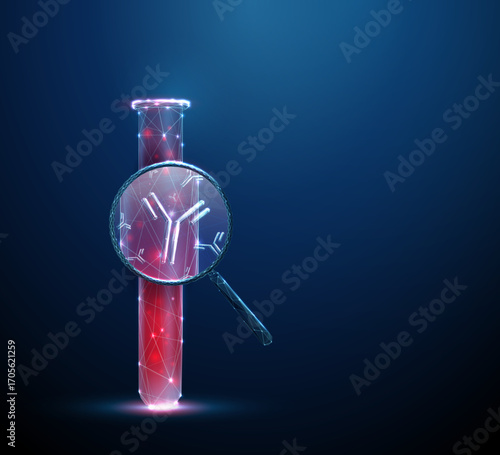 3d test tube with blood under magnifying glass and antibodies inside. Serological testing, immune profiling, personalized medicine concept