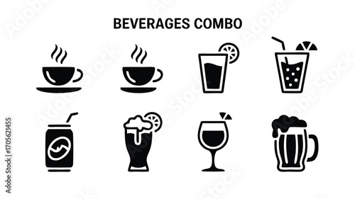 A Collection of Diverse Beverage Icons Representing a Variety of Refreshing Drink Choices and Caffeinated Options