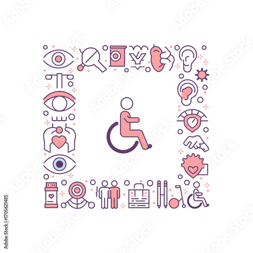 disability inclusion diverse icons forming a square around a person in wheelchair symbolising accessibility healthcare medical condition assistance
