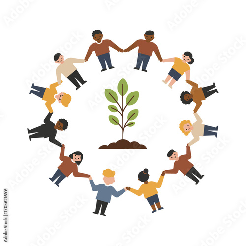 Diverse community holding hands around a tree symbolizing unity environmental protection and global cooperation perfect for corporate social responsibility