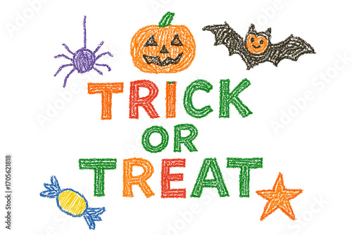 Colorful Trick or Treat composition with Halloween symbols drawn by children in crayon and pencil - spooky festive art