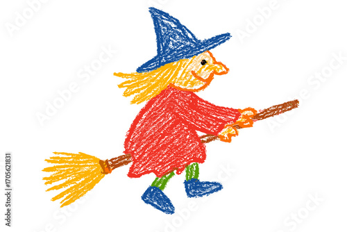 Halloween witch flying on broomstick hand drawn in pencil and crayon by child - magical character for spooky celebration