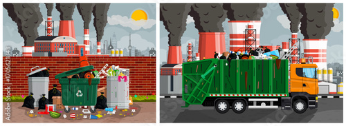 Industrial city pollution. Factories contaminating air with smoke and garbage truck removing full waste container. Environmental disaster concept for conservation.