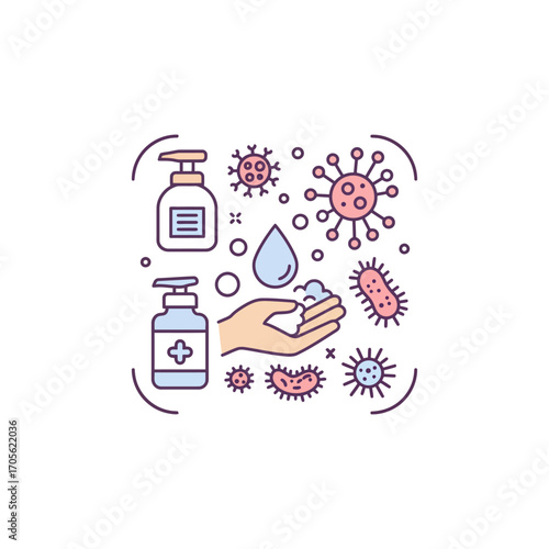 Hand washing with soap to prevent germs a water droplet  disinfectant against virus spread promoting hygiene health and cleanliness disease prevention.
