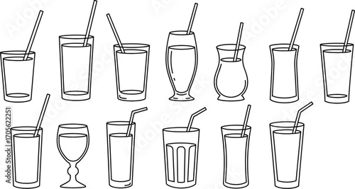 Collection of various drink glasses with straws, showcasing different shapes and sizes for diverse beverages