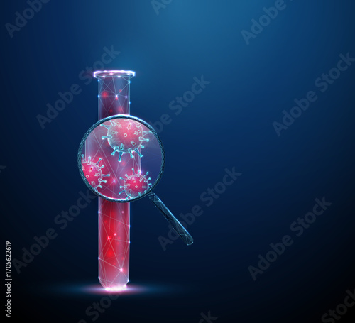 3d test tube with blood under a magnifying glass with red viruses inside. Viral detection, laboratory research, disease prevention concept.