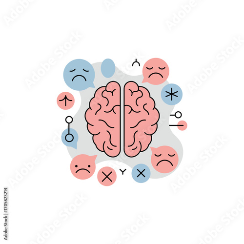 Mental health concept with brain illustration surrounded by sad faces representing stress and anxiety perfect for articles on psychological well-being and therapy.