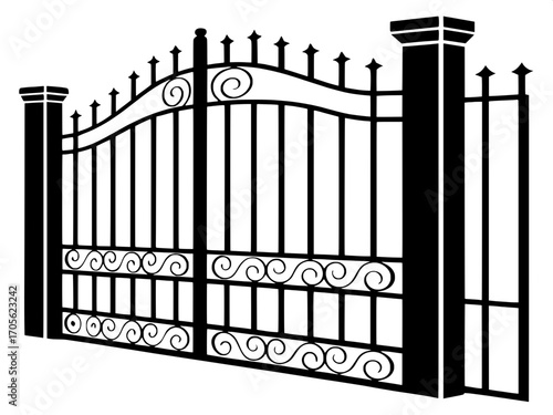 “A graphic presentation of twelve unique wrought-iron style gates in solid silhouette form, ranging from simple bars to intricate decorative patterns, evenly spaced across the frame, direct frontal pe