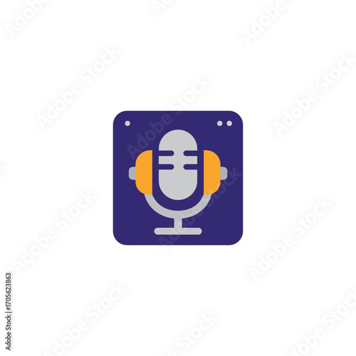 Podcast recording app interface a microphone with headphones on a digital screen perfect for multimedia audio content creation and creative design.