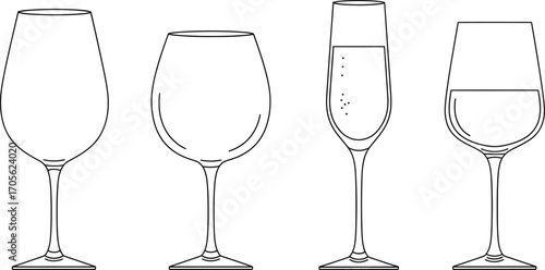 Elegant wine glasses, showcasing different shapes and sizes for various types of wine and champagne, perfect for celebrations