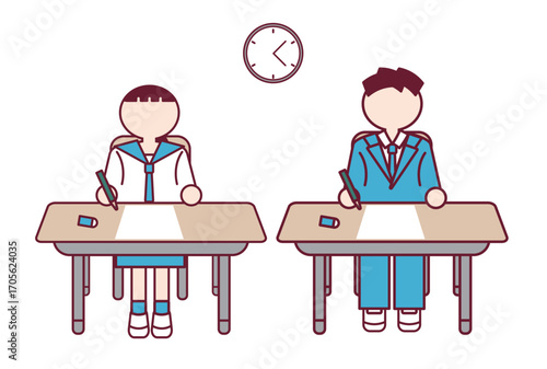 テストを受ける学生の男女のフラットデザインイラスト