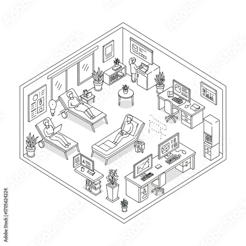 Relaxed office workers lounging on chaise lounges and working on desks a flexible workplace conveying work-life balance ideal for HR and office design concepts.