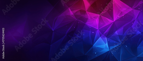 Low-poly geometric banner background with purple-to-blue gradient, glowing edges, grid overlay and particle dust texture