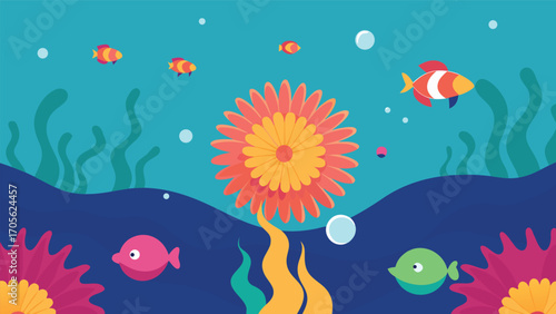 Peaceful underwater scene with a cute seahorse floating among seaweed and bubbles