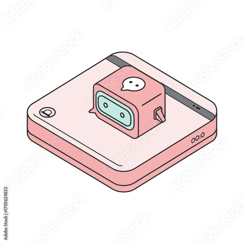 smart home device displaying time a compact tech gadget with a cute robot interface perfect for modern living spaces symbolizing convenience and innovation.