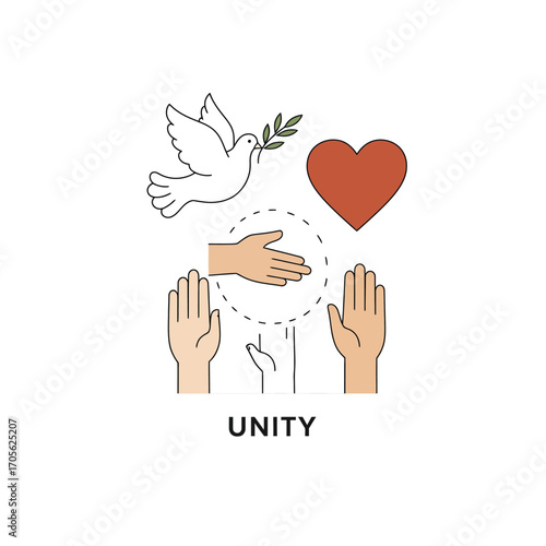 unity concept diverse hands reaching for peace symbolized by a dove carrying an olive branch  a heart ideal for promoting collaboration  harmony.