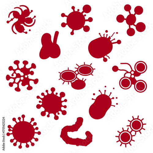 various viruses and bacteria set of red microorganism silhouettes for illustrating medical research ideal for scientific articles presentations and health campaigns