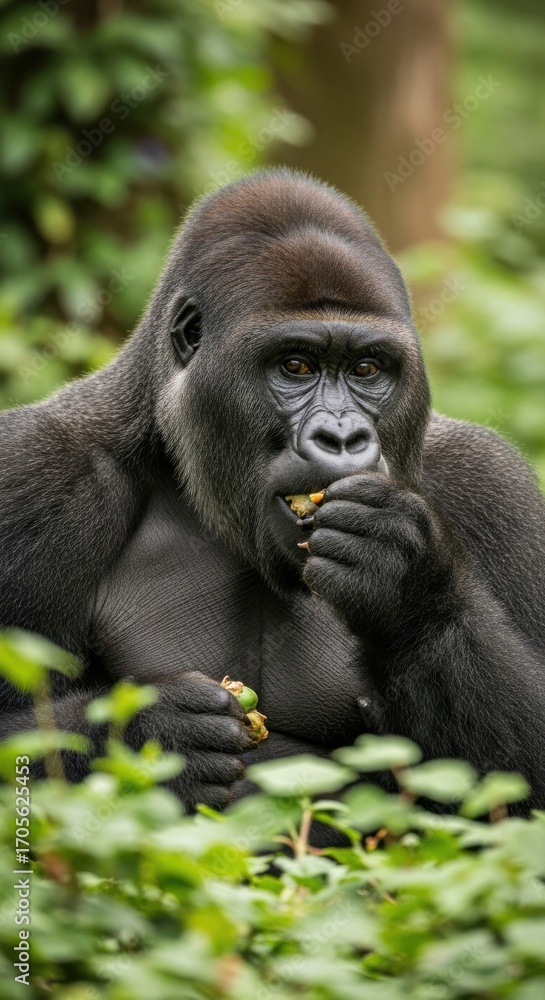 Obraz premium Contemplative Gorilla Engaged in Feeding within its Natural Habitat