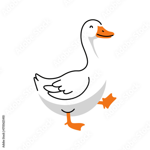 Walking cartoon goose with orange beak  feet happily stepping forward embodying whimsical charm and lively animation perfect for childrens content.