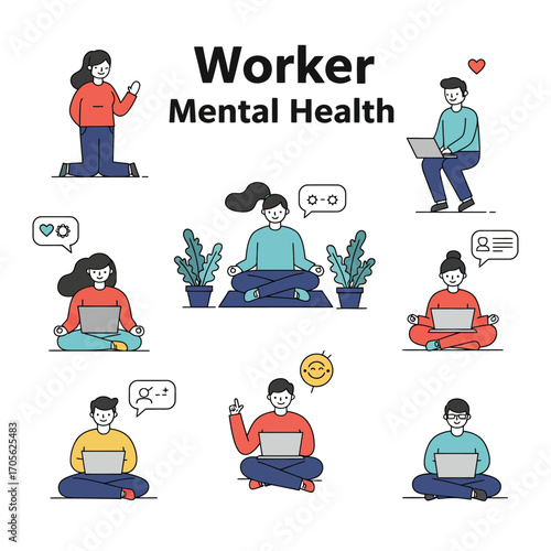 worker mental health promoting wellbeing diverse team finding calm using technology meditation happy employees achieving balance stress free life