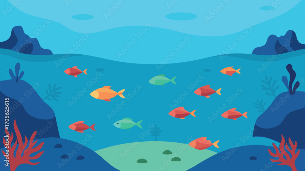 Obraz premium Peaceful underwater escape schools of fish swim in deep blue ocean waters vector illustration