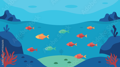 Peaceful underwater escape schools of fish swim in deep blue ocean waters vector illustration