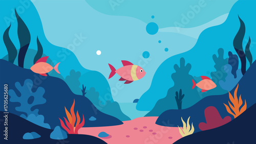 Tranquil underwater scene with vibrant corals and small fish swimming peacefully