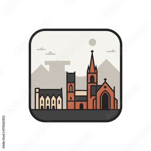 architecture illustration featuring a church complex against mountains perfect for travel blogs showing travel destination and architectural heritage.