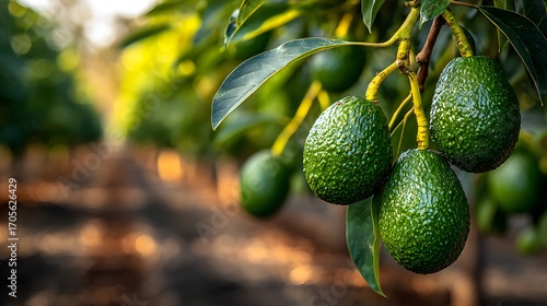 Sun-drenched branch is laden with fresh green avocados in an orchard. The background trees are blurred beautifully by the warm, golden hour sun.