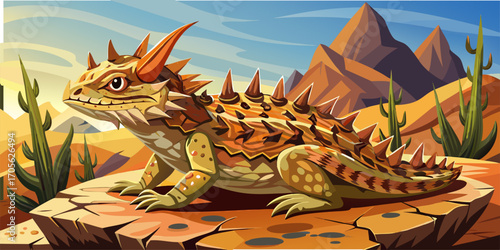 Illustration This image shows a scary-looking lizard, also known as a "horned lizard," sunbathing on a rock. A beautiful animal of God's creation.
